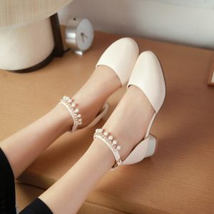 Sweet Low Heel Closed Toe Sandals with Beads and Rhinestones