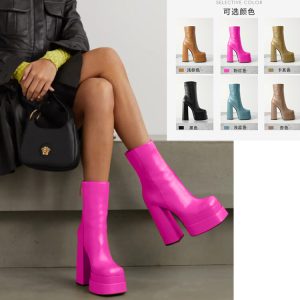 Women's Square Toe Platform High Heel Ankle Boots with Side Zipper