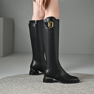 Women's High Tube Slim Boots Casual Round Toe Side Zip Mid Heel