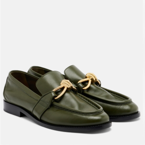 Green Leather Loafers with Bow and Metal Buckle