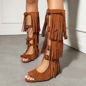 High Top Shoes with Tassels and Buckle Strap