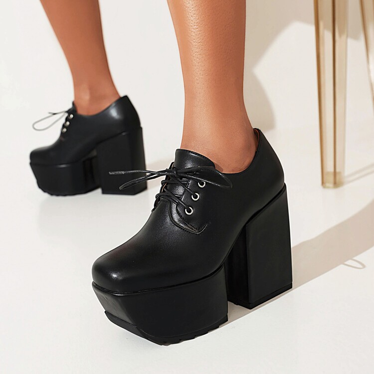 Women's Platform Lace-Up Square Toe High Heel Shoes - Style a.html - Image 2